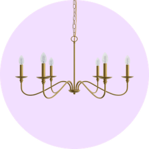 Gold candelabra chandelier on lavender background