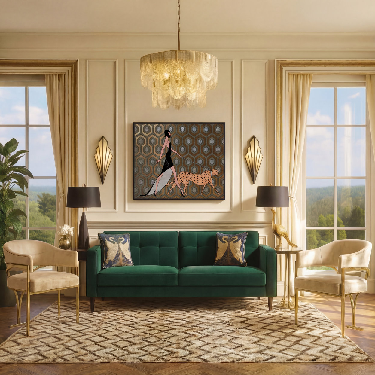 Living room with green sofa and framed wall art of woman walking cheetah.