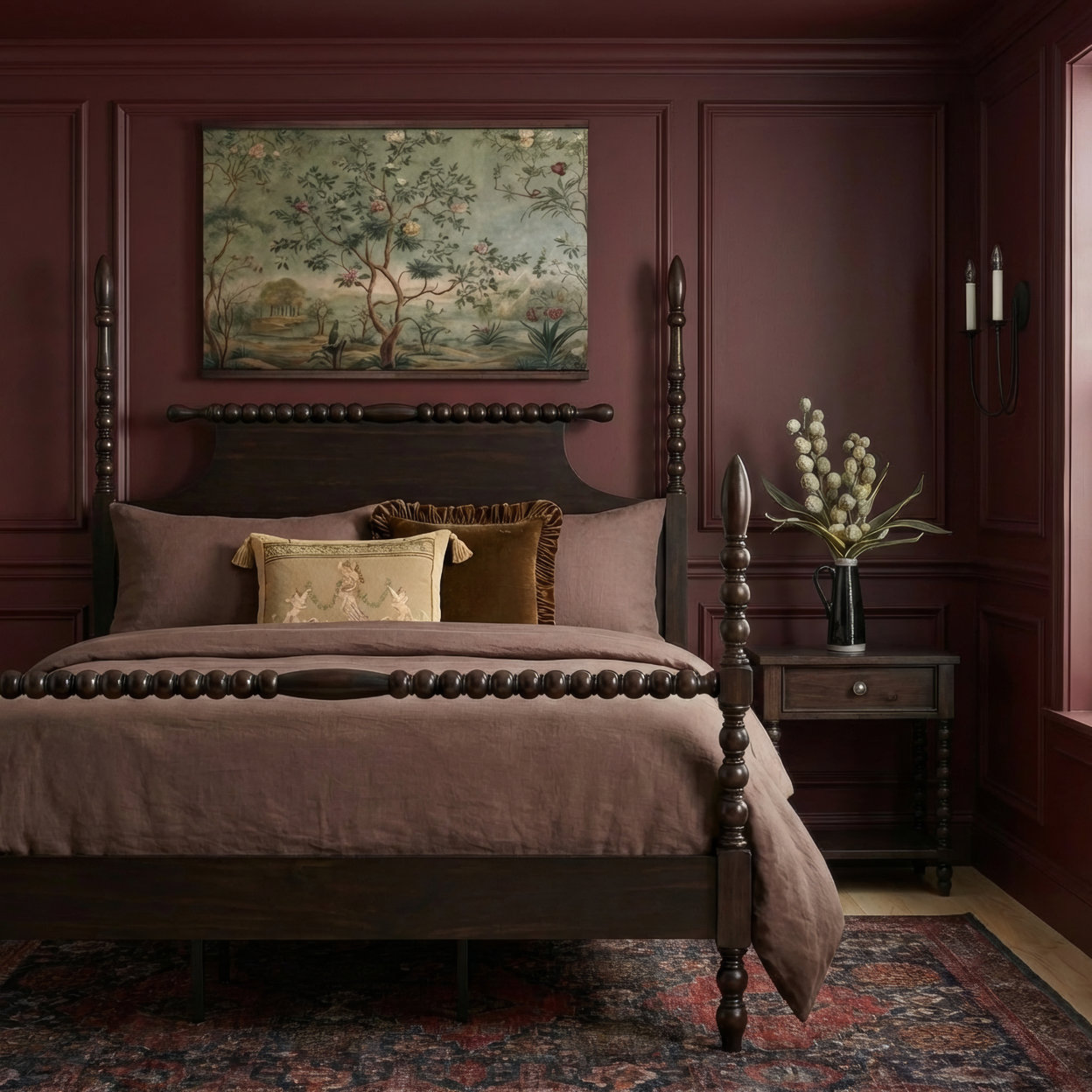 Victorian gothic style bedroom featuring deep mauve walls, a dark wood spindle b