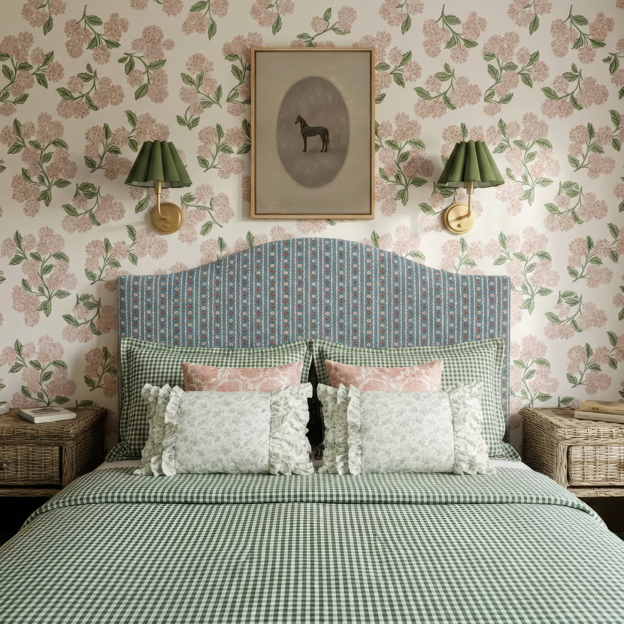 Bedroom with floral wallpaper, horse artwork, and green gingham bedding.