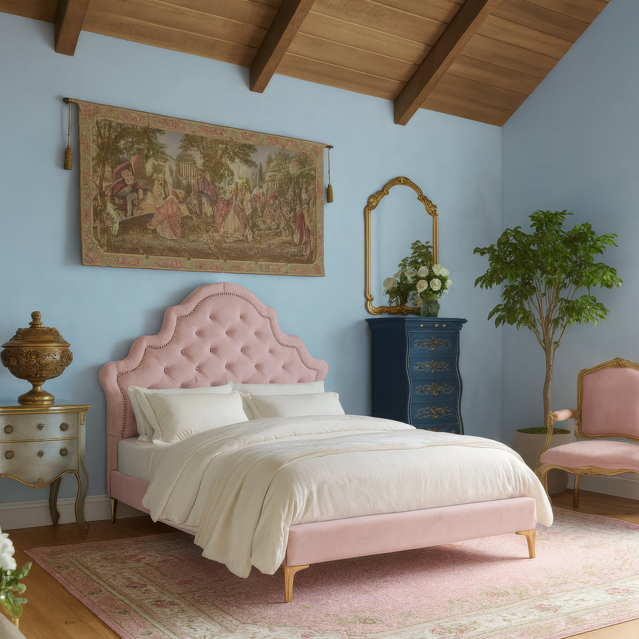 Regency-style bedroom featuring a pink tufted velvet bed, blue walls, exposed wo