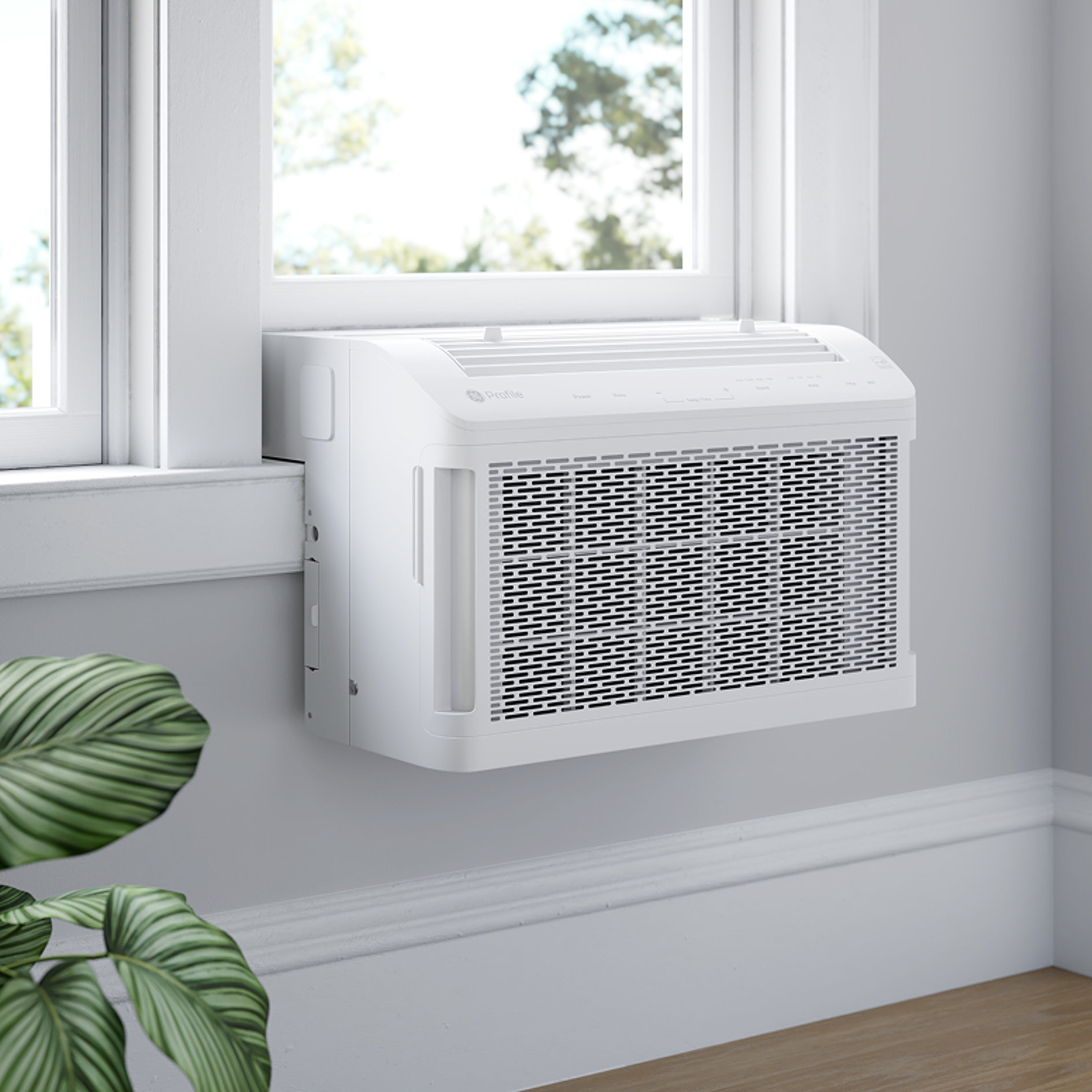 White GE Profile window air conditioner.