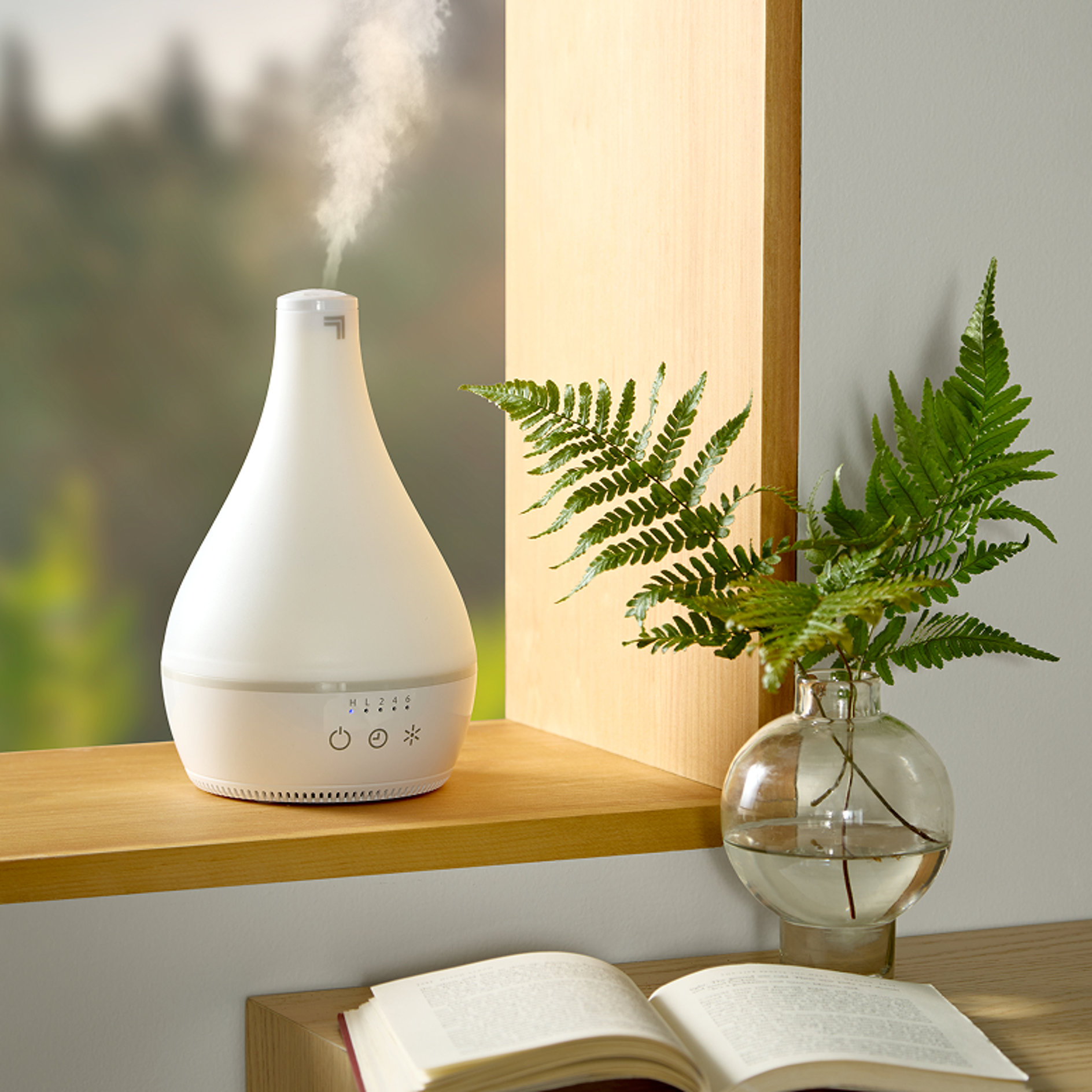 Aroma diffuser emitting mist next to fern in a vase and open book
